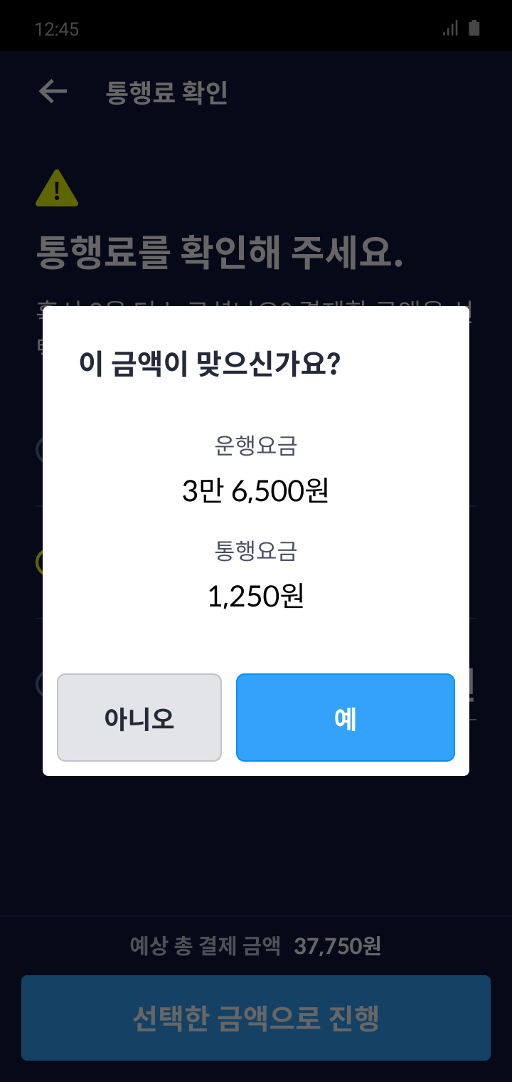 통행료 확인 팝업
